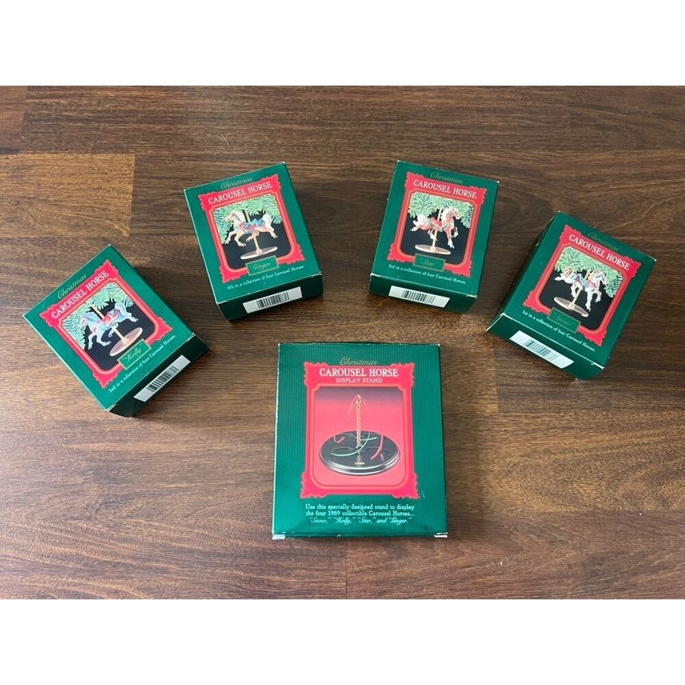 1989 Hallmark Carousel Horse Ornament Collection Set of 4 + Display Stand